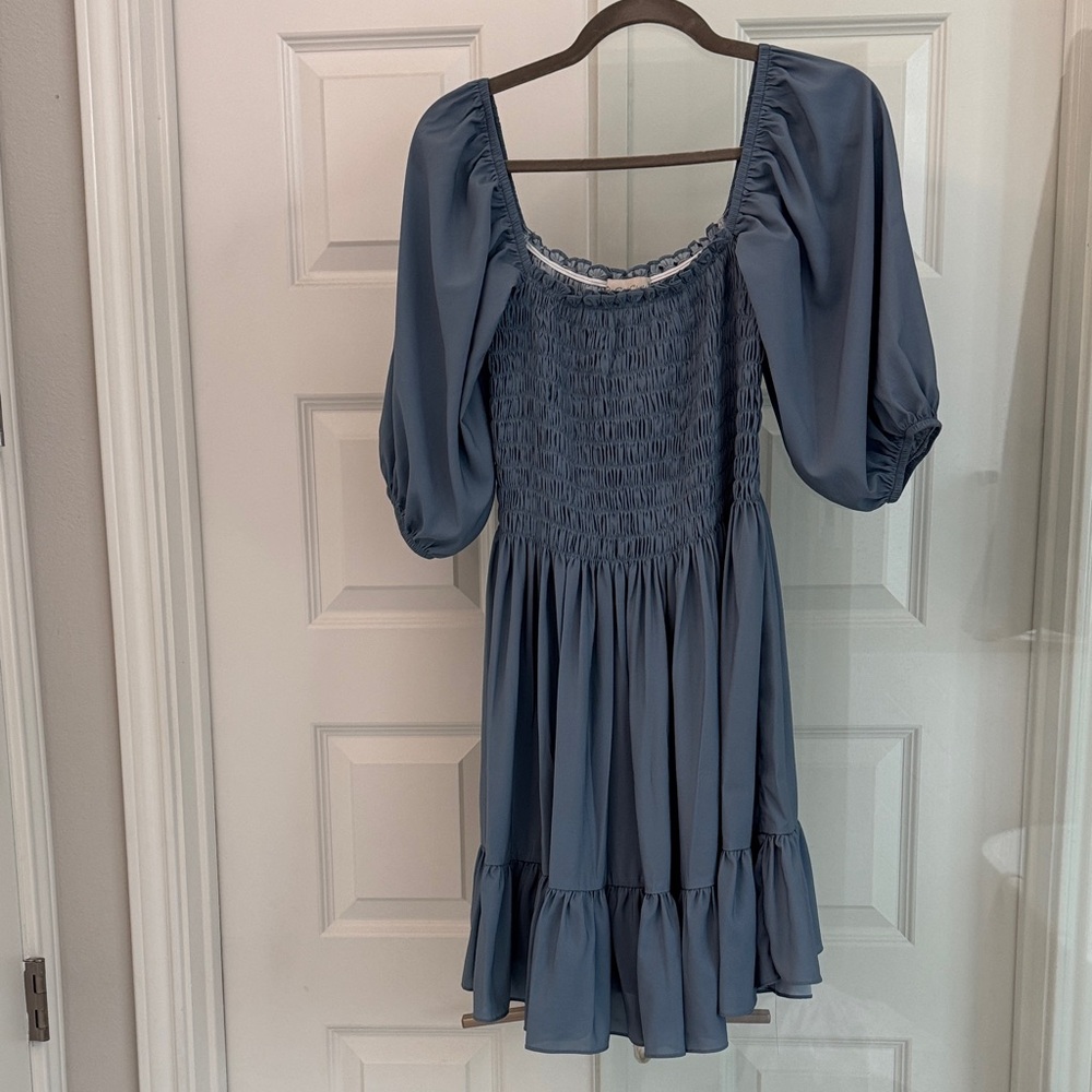 Blue Smocked Dress with Puff Sleeves